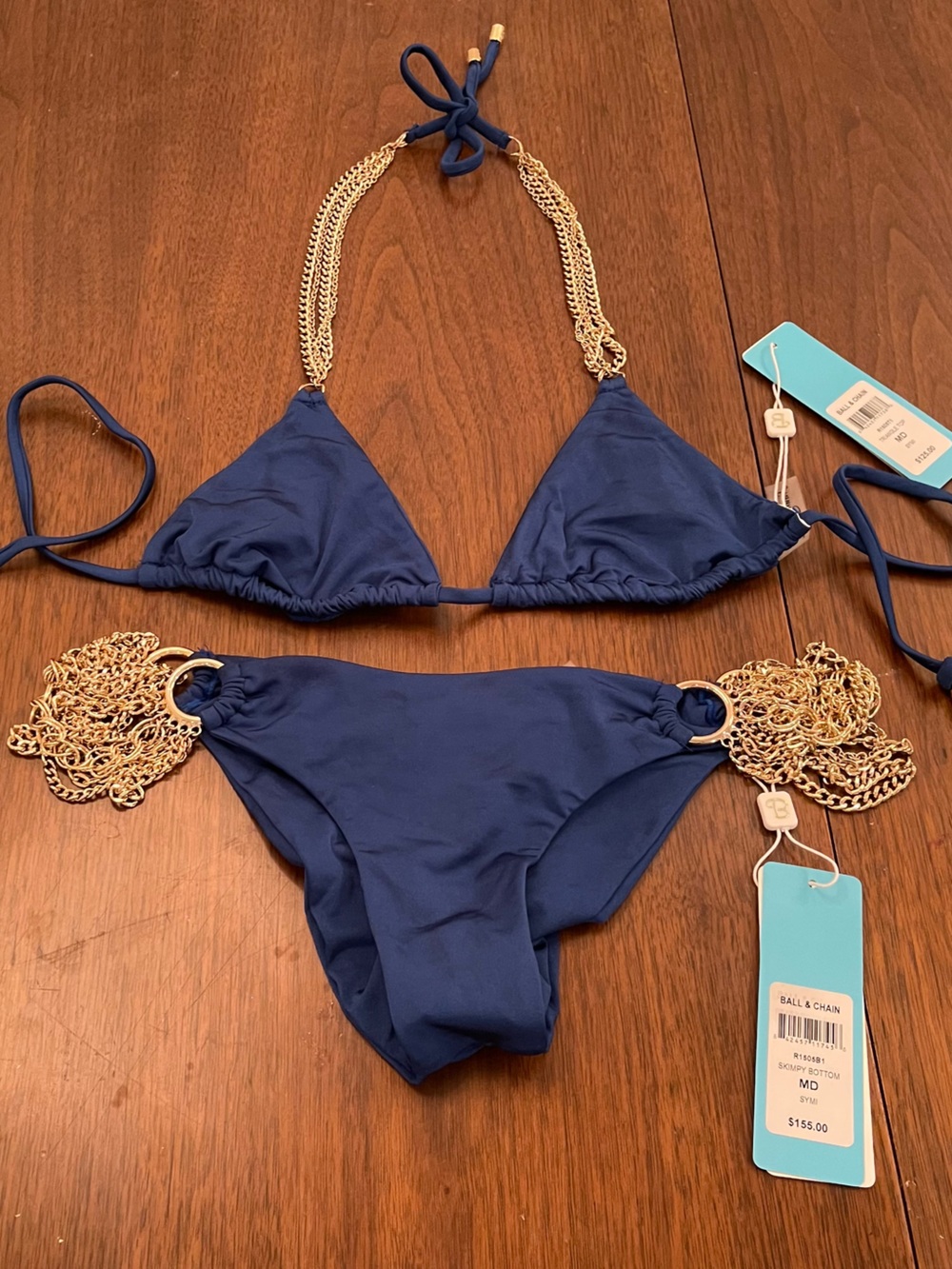 NWT beach bunny bikini Gold Chain Accent Navy Triangle Bikini Set - Women Swim - Picture 3 of 9